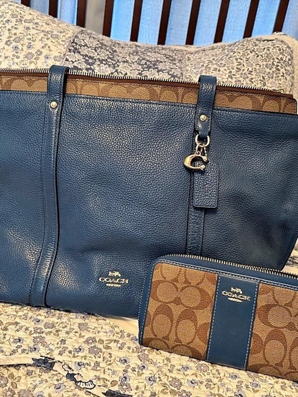 Coach May Tote Blue & Brown Color Block with Wallet